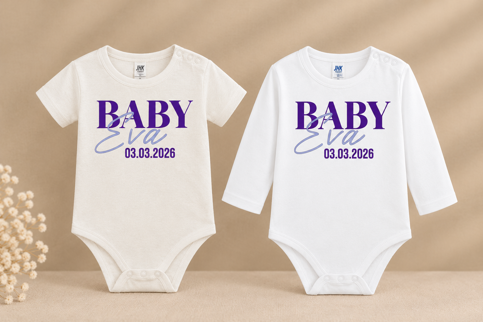Babybodysuits met naam Eva en datum