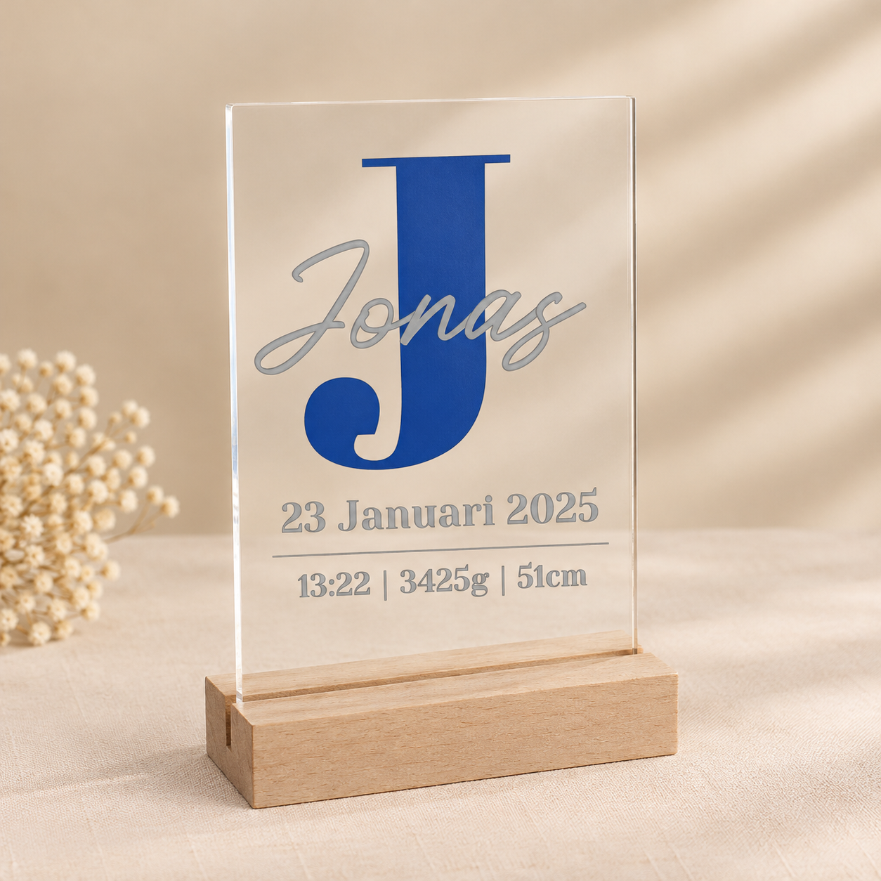 Gepersonaliseerde acryl geboorteplaquette Jonas