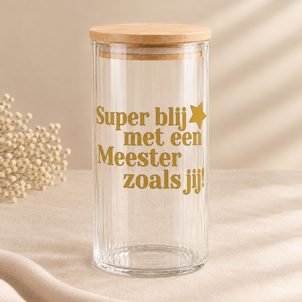 Glazen pot met warme meesterboodschap