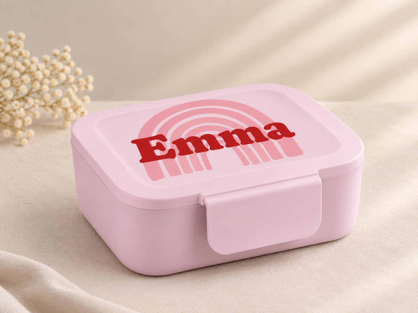 Pastel roze lunchbox met regenboog en Emma